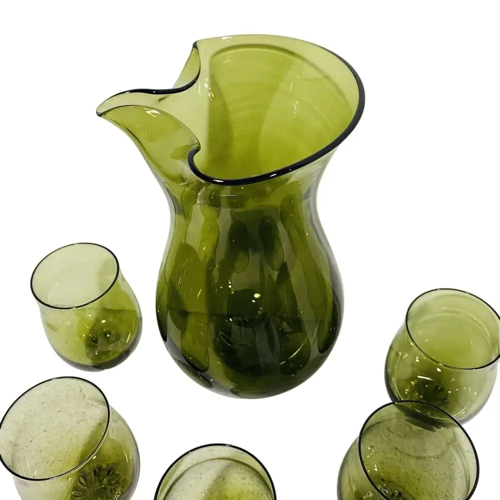Vintage Sasaki Cocktail Set Green Art Glass Pitcher Decanter & 5 Wine Glasses